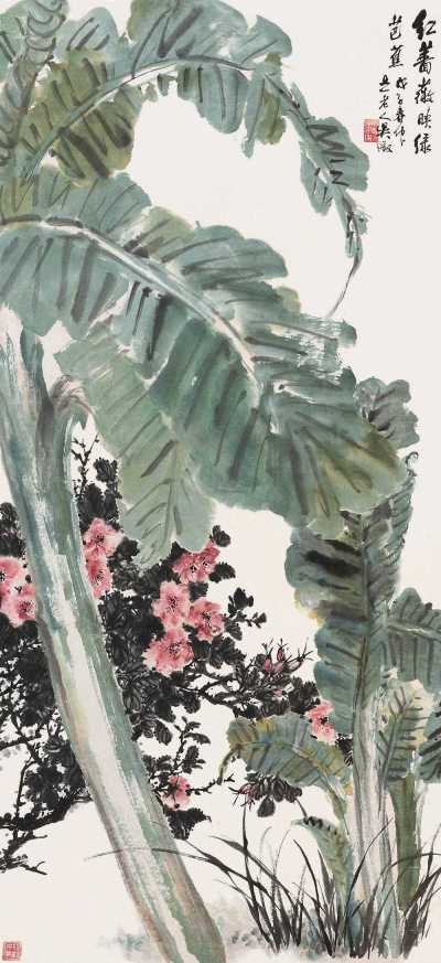 吴徵 戊子（1948年）作 红蔷薇映绿芭蕉 立轴